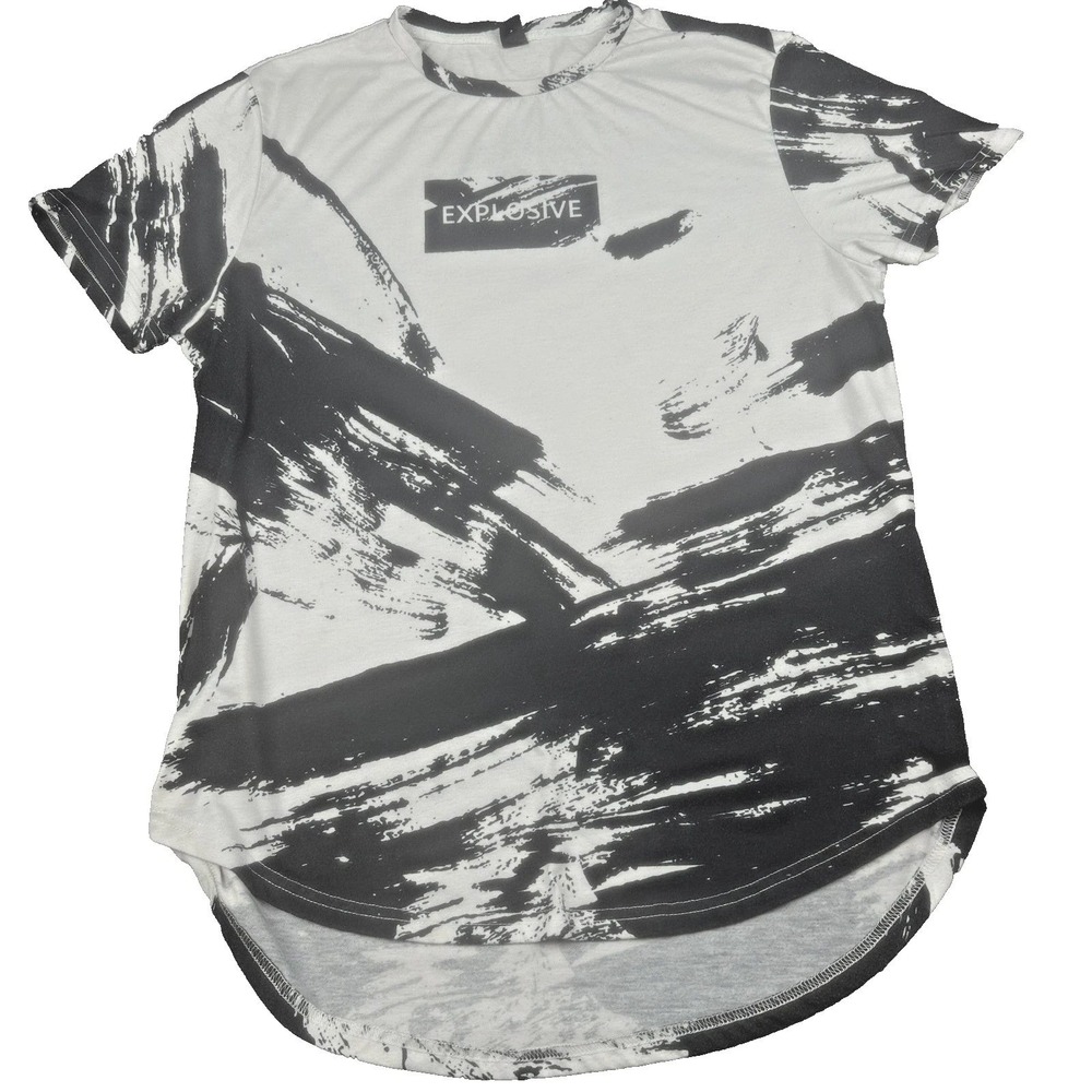 SHEIN Mens Explosive Graphic T-Shirt XL White Black Abstract Curved Hem Tee